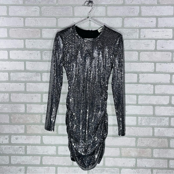 L’agence Sunny Metallic Silver Sequin Long Sleeve Mini Dress Size 2 - Picture 3 of 10